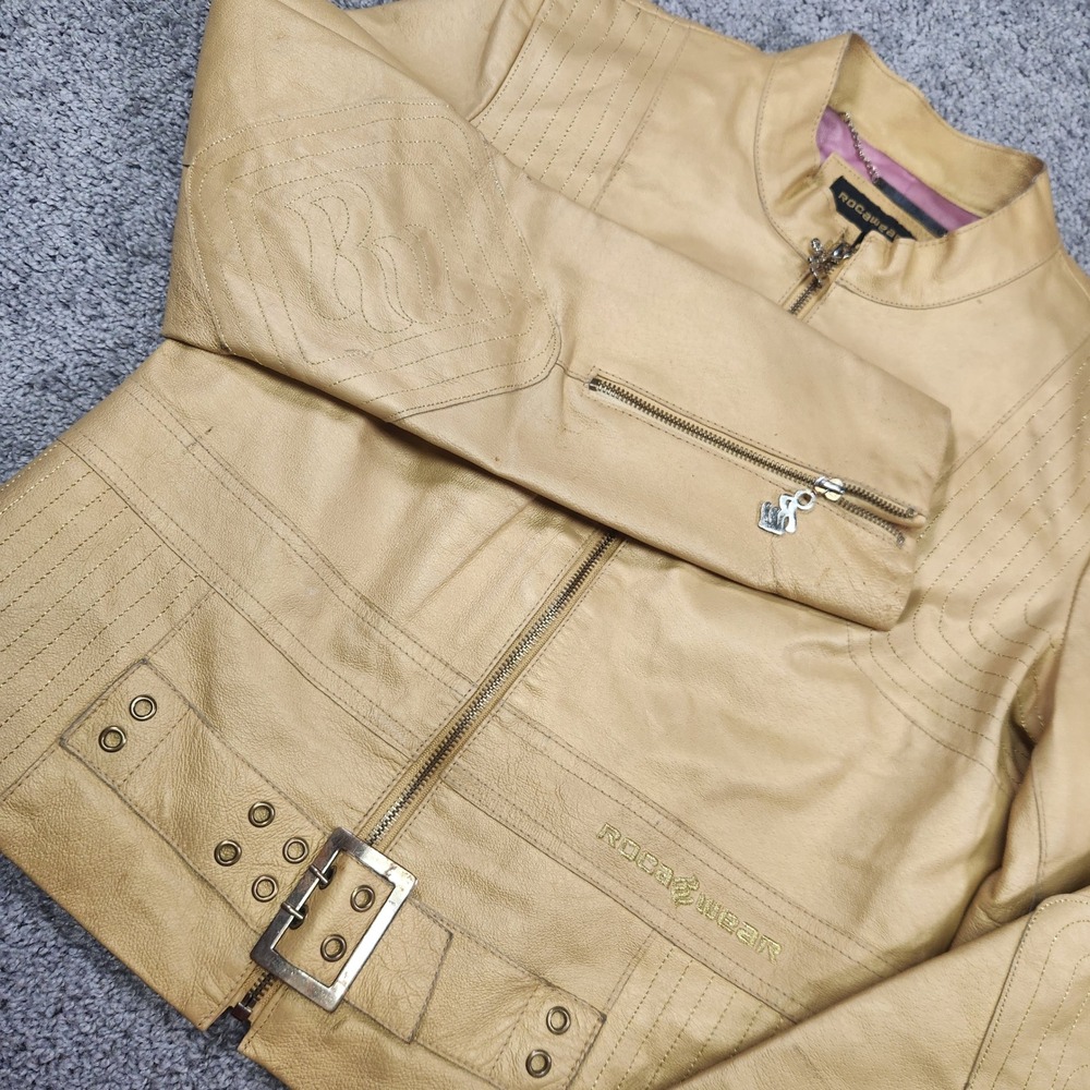 Vintage Rocawear‎ Y2K Womens Leather Moto Jacket Full Zip Biker Hip Hop Tan Gold